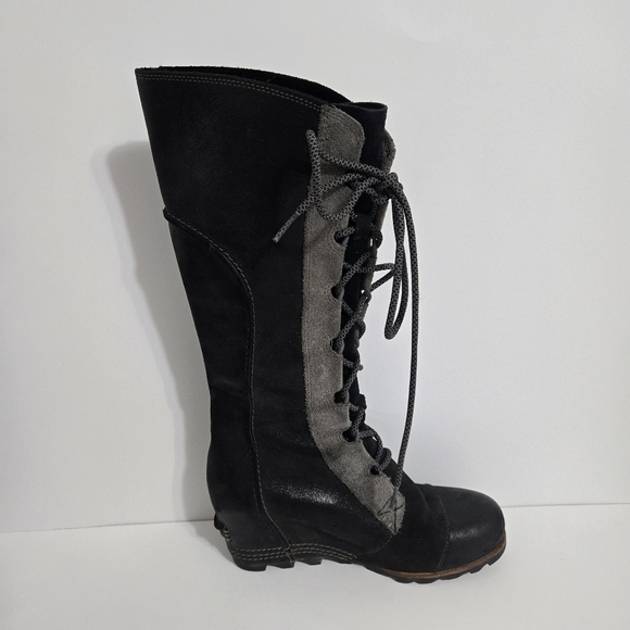 Sorel Cate the Great Wedge boot lace up leather black gray heel - Picture 8 of 12